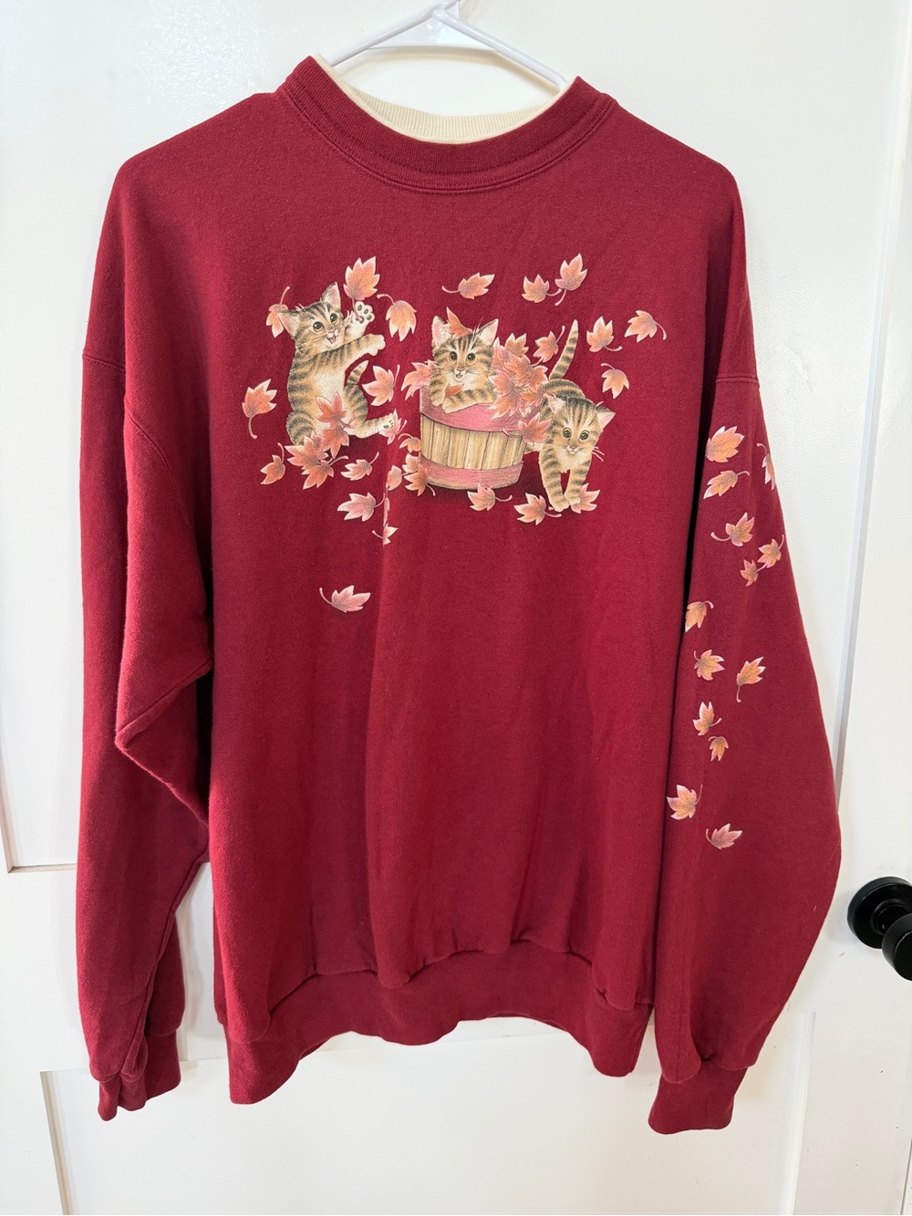 Vintage 90s Maroon Cat Graphic Crewneck Sweater L XL Morning Sun